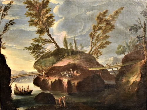 Tableaux et dessins Tableaux XVIIe siècle - Grand Paysage du Lac animé - école Romaine, cercle de Salvator Rosa